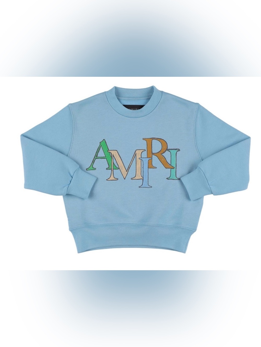 AMIRI Kids Light Blue Logo Crewneck Sweatshirt with Multicolor Letters